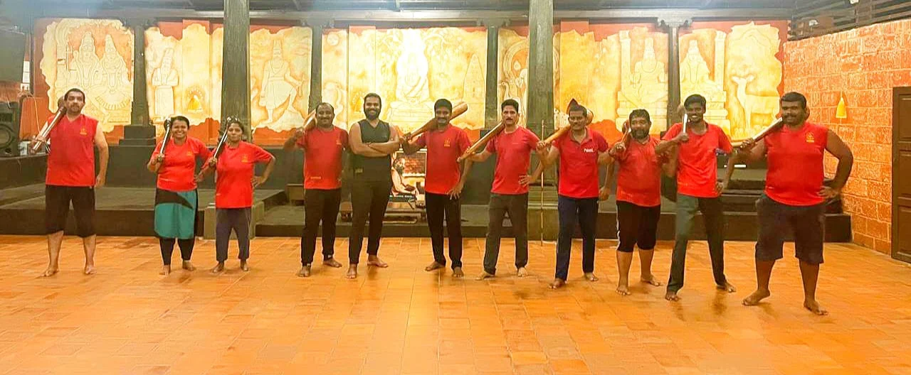 Agasthyam Kalari practitioners performing advanced Kalaripayattu techniques and martial arts exercises in Kerala