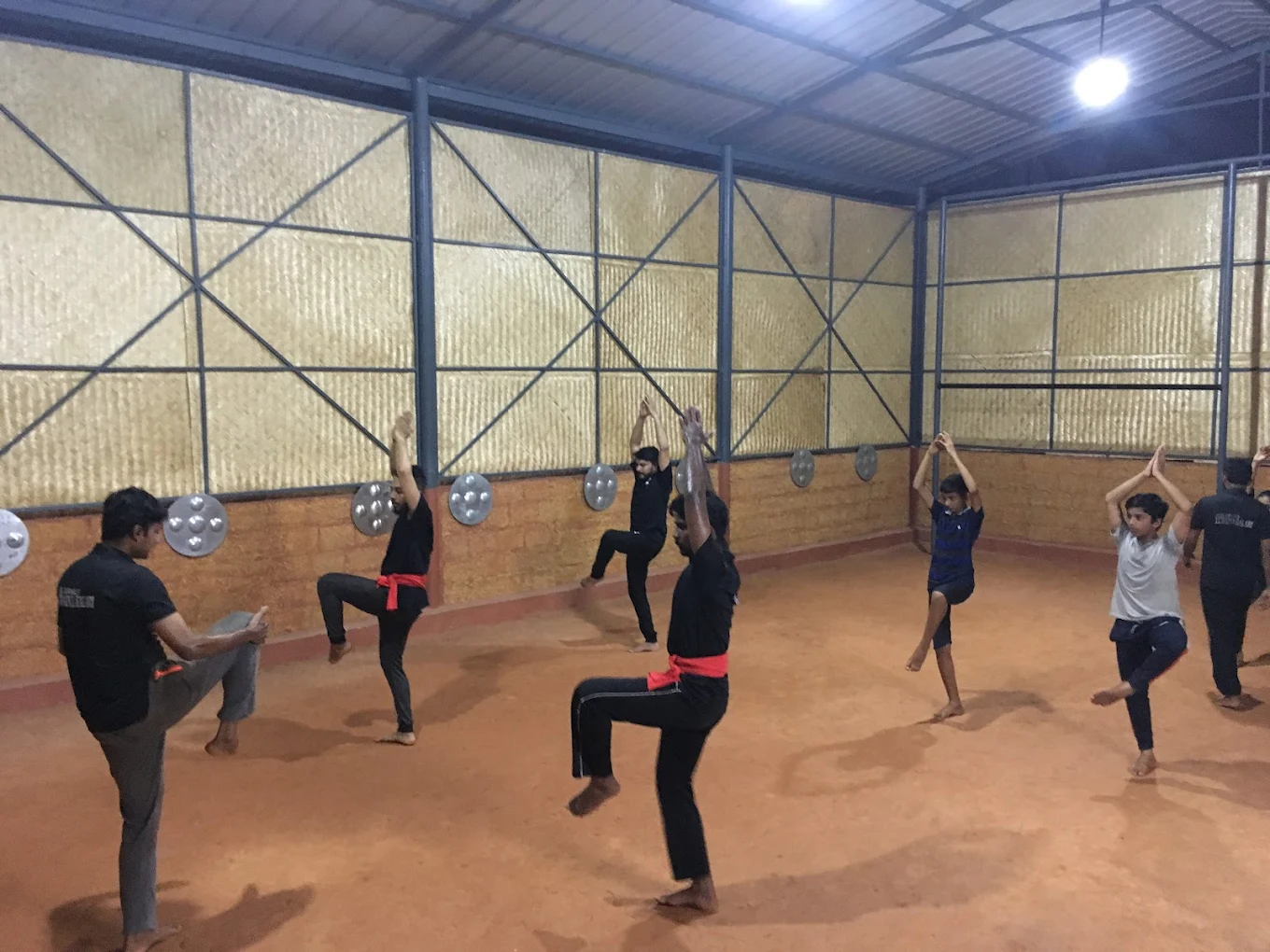 Students practicing mid-Kerala style Kalaripayattu at Lubaina Kalari